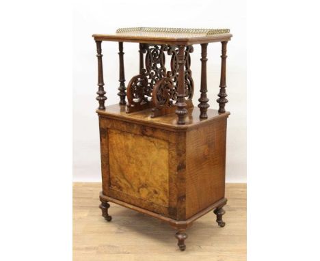 Victorian inlaid burr walnut veneered Canterbury with pierced brass galleried top, pierced divisions and turned supports and 