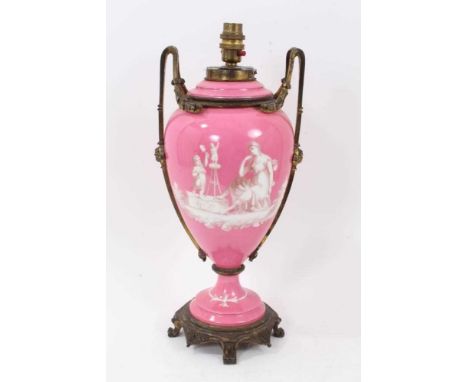 Victorian Minton-style ormolu-mounted pink-ground porcelain lamp, with monochrome classical scenes, total height 43.5cmCondit