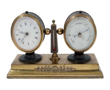 Victorian-style combination desk clock and barometer and thermometer on gilt brass base 22 cm wide, 14.5 cm high