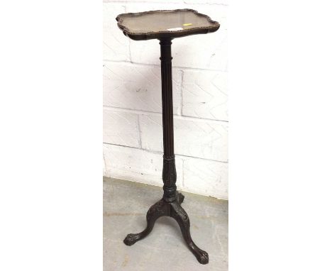 Georgian revival mahogany kettle stand, with shaped dished top on fluted acanthus carved column and tripod carved cabriole le