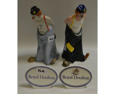 A Royal Doulton figure, Tip Toe; The Joker; Royal Doulton retail ceramic signs, one printed with e Balloon Seller (4)