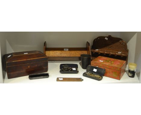Boxes and Objects -   an oak book trough; horn beakers; a black forest type pipe rack; cased spectacles; a sarcophagus shaped