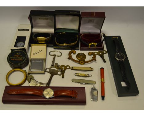 Watches - an Accurist wristwatch;  others, Constant;  Citron;  Rotary;  Sekonda;  pocket knives;   lighter;  fountain pen; ke
