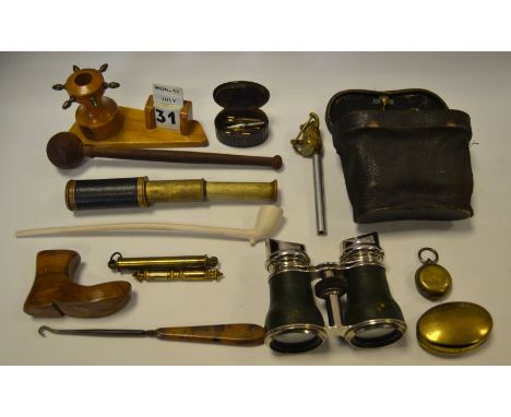 Ephemera - a desk calendar in the form of a Capstan; a pair of opera glasses; a telescope; a brass snuff box; a brass Soverei