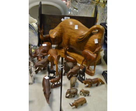 Treen - an oak book trough; teak carved animals, including Bull; Water Buffalo; Giraffe;  etc 