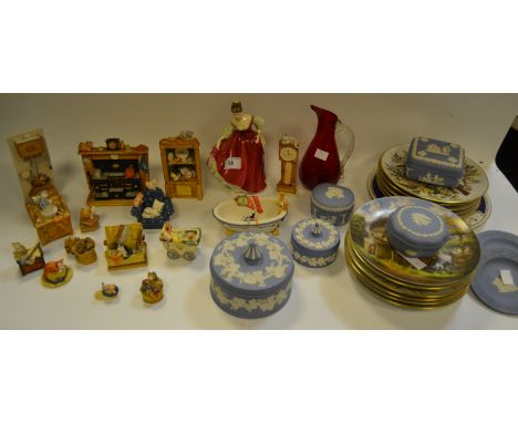 A Royal Doulton 'Fair Lady (red)' figure, HN2832 ; Wedgwood 'Jasperware' trinket dishes; a cranberry glass water ewer; ornith