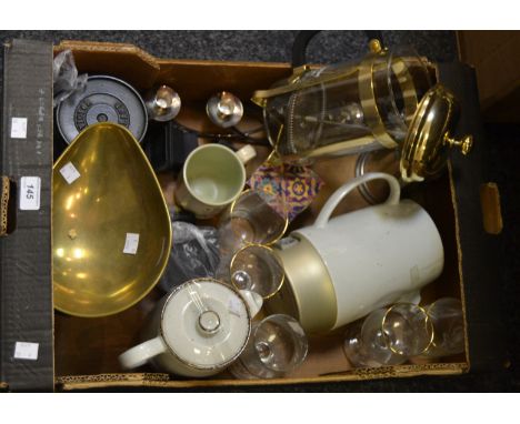 Household items - a set of cast iron scales and two sets of weights;  a silver plated candelabra;  Royal Commemorative glasse