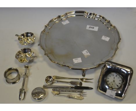 Silver and Silver Plated Ware - a silver pocket watch stand; a silver dressing table jar top; a pair of silver plated salts; 