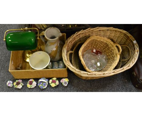 Household Goods - wicker baskets; Poole jardiniere; stoneware ewer; brass library lamp; cut glass decanter stoppers; etc qty 