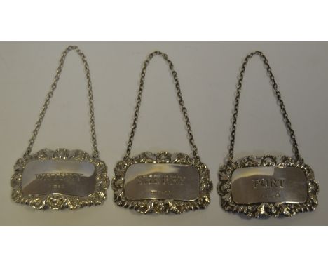 Silver -  three decanter labels, Sherry, Port, Whisky, various dates