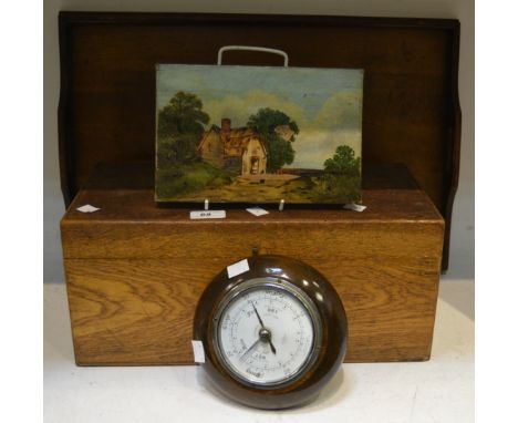 Boxes and Objects - an oak Butlers tray; a wall barometer, silvered dial, c.1930; an oil on canvas, Country Cottage; an oak w