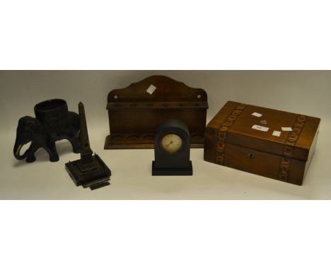 A Victorian walnut and Tumbridge banded jewellery box c.1870; an oak pipe rack; an Ashford black marble arched mantel clock; 