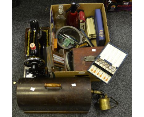 Household Goods - decanter; soda syphon;  stoneware jardiniere; die cast van; FA Cup commemorative coins; brass blow torch; T