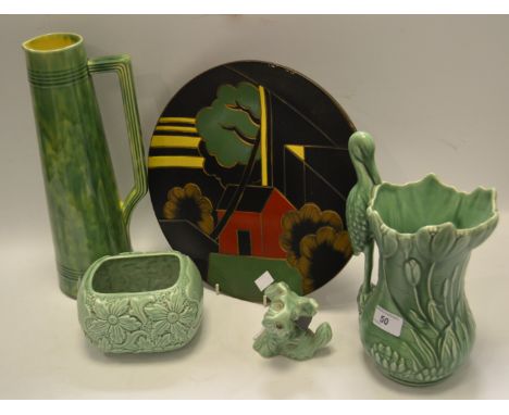Decorative Ceramics - a Sylvac vase; Sylvac Dog; Sylvac flower trough; an Art Deco wall plaque;  etc 