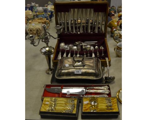 Silver Plated Ware - a canteen of silver plated cutlery; a cased serving fork, knife, spoon; a ladle; serving dish and cover;