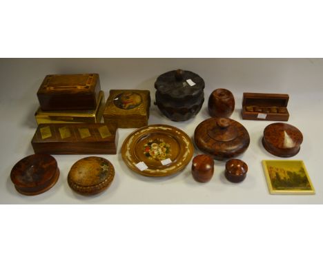 Treen - turned yew trinket boxes;  domino box;  plates; etc 