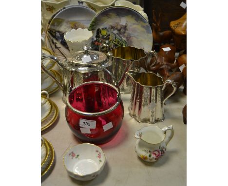 A silver plated teapot, sucrier, milk jug; a cranberry glass , silver rim ice bucket; Collectors plates; Aynsley Natures Deli