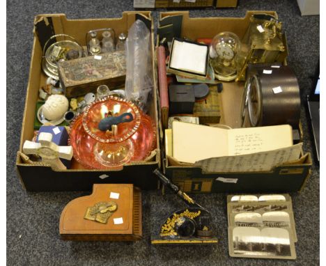 Ephemera - carnival glass; tins; Anniversary clock; a Smiths Ar Deco mantel clock; silver plated condiment set; desk press; a