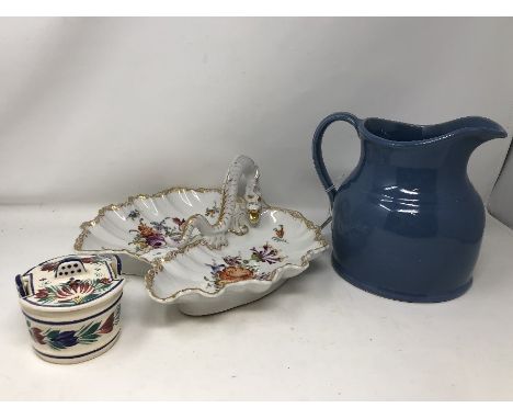 A box of assorted ceramics, glassware and boxed flatware etc.; also a Continental ceramic dish with dragon handle.