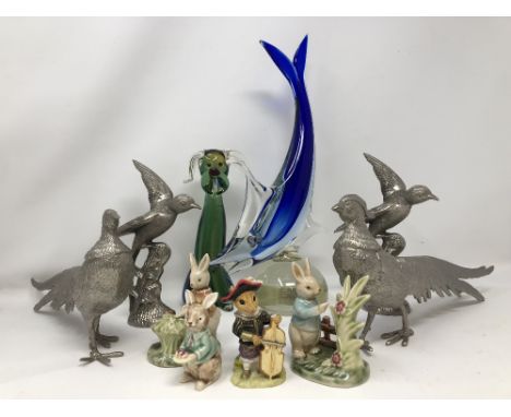 A box of assorted figures including silver plate, glass, ceramic, terracotta and wood.