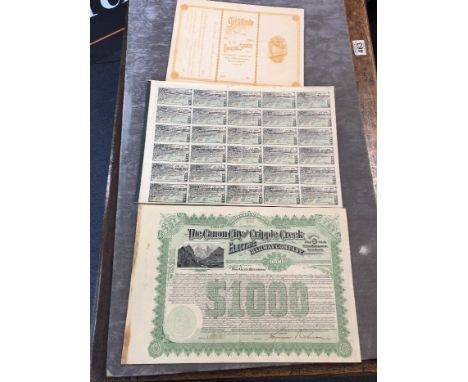 North American railroad company share certificates and documents plus other railway and mining  business documents circa 1900