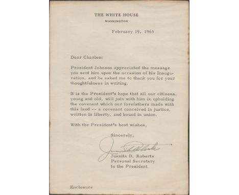 Juanita D Roberts White House TLS President Johnsons personal secretary dated February 19, 1965. Bio: Colonel Juanita Roberts