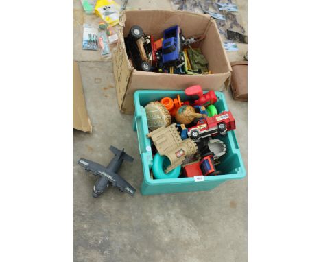 A LARGE ASSORTMENT OF CHILDRENS TOYS TO INCLUDE DINKY AND MATCHBOX DIECAST ARMY VEHICLES ETC