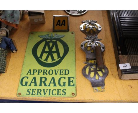 FOUR VINTAGE AA BADGES AND AN APPROVED GARAGE SERVICES SIGN