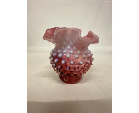 A FENTON ART GLASS CRANBERRY PINK OPALESCENT HOBNAIL DOUBLE CRIMPED VASE VINTAGE FROM THE 1950'S