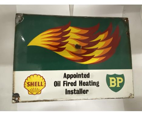 A VINTAGE ENAMEL SHELL BP HEATING SIGN - 46.5 X 33.5 CM