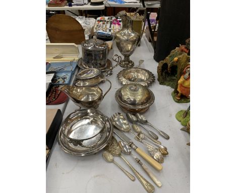 A QUANTITY OF SILVERPLATE TO INCLUDE A WINE EWER, A JAMES DIXON &amp; SON HINGED BISCUIT JAR/TEA CADDY, SAUCE BOAT, ETC.,