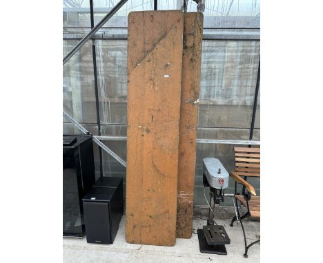 TWO LARGE VINTAGE WOODEN TRESTLE TABLES WITH METAL FOLDING LEGS