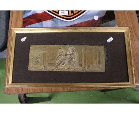A VINTAGE METAL PLAQUE DEPICTING A RELIGIOUS SCENE, FRAMED