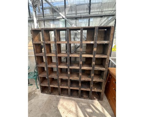 A VINTAGE WOODEN 36 SECTION WORKSHOP PIGEON HOLE UNIT