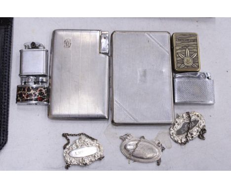 A COLLECTION OF VINTAGE CIGARETTE CASES, LIGHTERS AND DECANTER LABELS