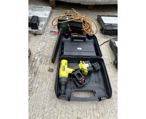 AN ELECTRIC PRO CHAINSAW AND A RYOBI BATTERY DRILL WITH CHARGER AND CASE