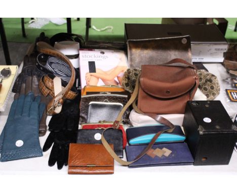MIXED LOT A VINTAGE PURSES, GLOVES, BELTS ETC