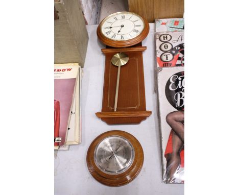 A WOODEN SEIKO WALL CLOCK PLUS A ROUND BAROMETER