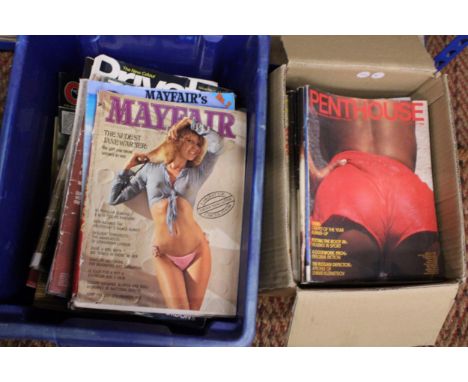 A LARGE COLLECTION OF APPROXIMATELY 85 VINTAGE ADULT MAGAZINES TO INCLUDE MAYFAIR, PENTHOUSE,MEN ONLY, KNAVE, CLUB, ETC