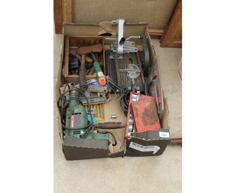 AN ASSORTMENT OF TOOLS TO INCLUDE AN AXE, A BOSCH ELECTRIC DRILL AND SOCKETS ETC