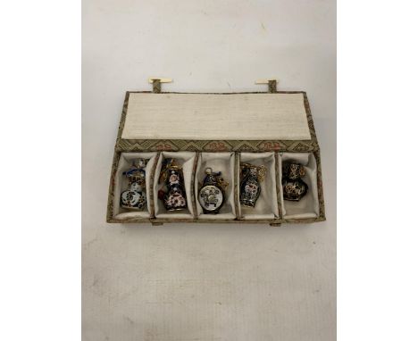 FIVE VINTAGE CLOISONNE BRASS AND ENAMEL MINIATURE BOTTLES