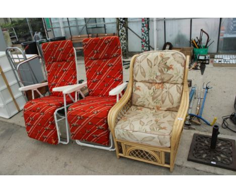 TWO FOLDING GARDEN CHAIRS WITH CUSHIONS, A SMALL STEP LADDER AND A WICKER CHAIR