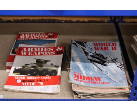 A COLLECTION OF VINTAGE MILITARIA MAGAZINES TO INCLUDE THIRTY EIGHT WORLD WAR 11 AND TEN ARMIES AND WEAPONS