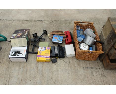 A WICKER BASKET, MICROSCOPE SET, SPEAKER BRACKETS ETC