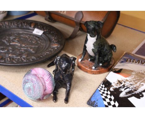 TWO HAND CRAFTED FIGURES OF DOGS PLUS A CAITHNESS PAPERWEIGHT