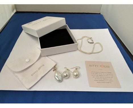 THREE PEARL ITEMS TO INCLUDE A STRING, A PAIR EARRINGS AND A PENDANT TO INCLUDE BOXED KITTY JOYAS