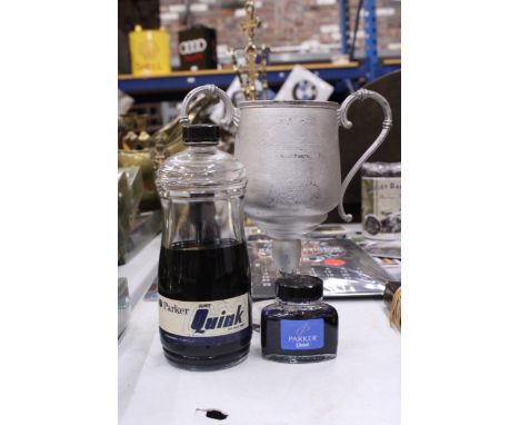 TWO VINTAGE BOTTLES OF QUINK INK PLUS A 1911 BOXING TROPHY