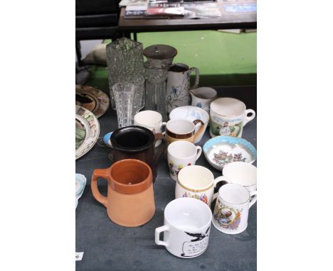 THREE PIECES OF COPELAND SPODE INCLUDING A JUG, SUGAR BOWL AND CREAM JUG, GLASS VASES TO INCLUDE WHITEFRIARS STYLE, COMMEMORA