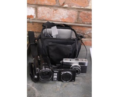 TWO CAMERAS TO INCLUDE AN OLYMPUS TRIP 35 AND A NIKON COOLPIX PLUS A JVC HYBRID EVERIO CAMCORDER IN A CASE WITH CHARGER