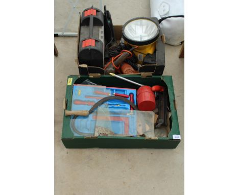 AN ASSORTMENT OF TOOLS TO INCLUDE A LARGE TORCH, ELECTRIC DRILLS AND A COMPRESSOR SPRAYER ATTATCHMENT ETC